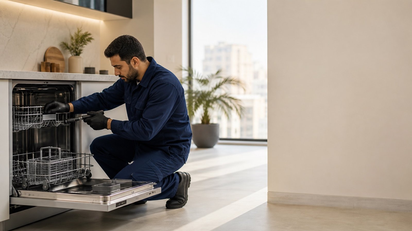 فني Cairo Tech أثناء فحص غسالات الأطباق فريش
